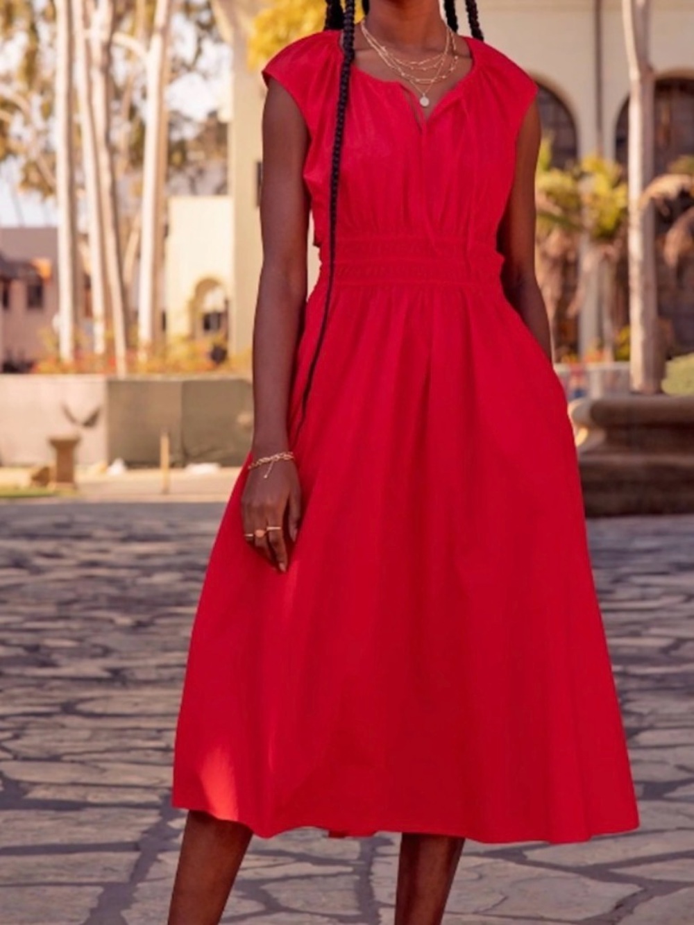 Faherty Red Midi Dress with Gathered Waist, size small